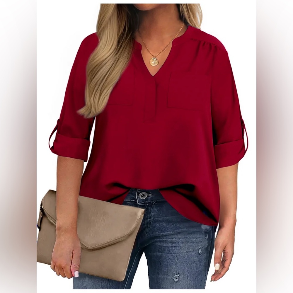 WellSize women’s plus size 3/4 roll sleeve wine red flowy blouse, size 4XL, NWT - Picture 2 of 6